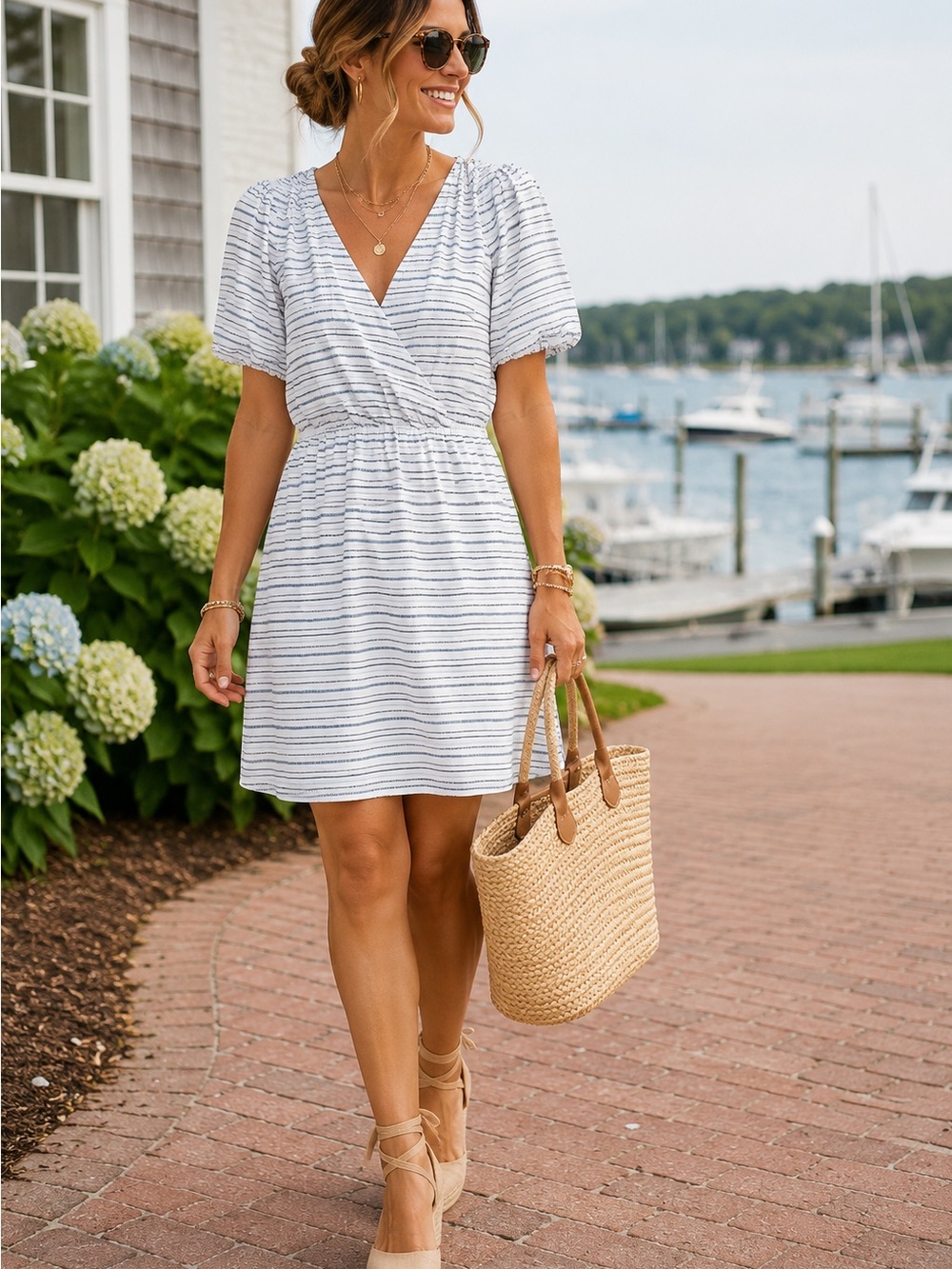 LOFT Black & Tan Striped Faux Wrap Dress | Puff Sleeve Mini Dress
